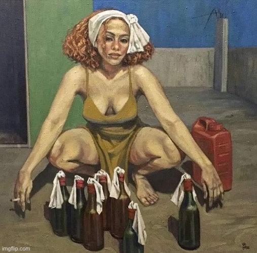 A Molotov “cocktail waitress.” Kind of a cool painting! buuuut... still cringe. | image tagged in cocktails,cocktail,waitress,angry waitress,revolution,cringe | made w/ Imgflip meme maker