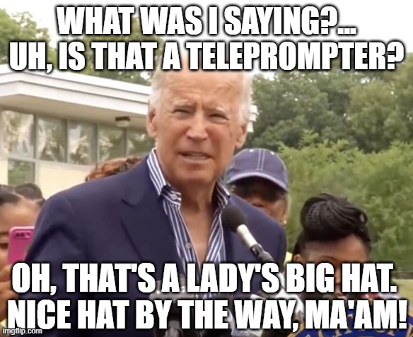 Biden staring off | WHAT WAS I SAYING?...
UH, IS THAT A TELEPROMPTER? OH, THAT'S A LADY'S BIG HAT. 
NICE HAT BY THE WAY, MA'AM! | image tagged in biden staring off | made w/ Imgflip meme maker