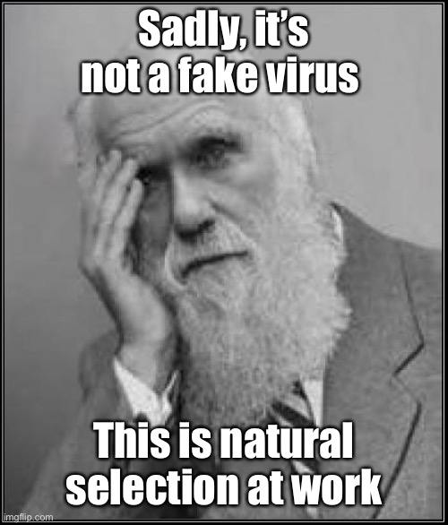 darwin facepalm | Sadly, it’s not a fake virus This is natural selection at work | image tagged in darwin facepalm | made w/ Imgflip meme maker