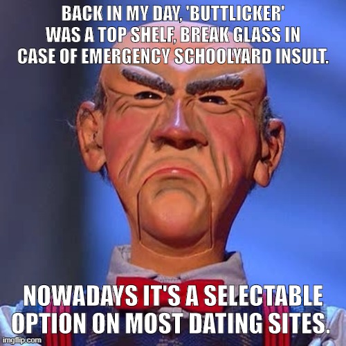 Walter Jeff dunham  | BACK IN MY DAY, 'BUTTLICKER' WAS A TOP SHELF, BREAK GLASS IN CASE OF EMERGENCY SCHOOLYARD INSULT. NOWADAYS IT'S A SELECTABLE OPTION ON MOST DATING SITES. | image tagged in walter jeff dunham | made w/ Imgflip meme maker