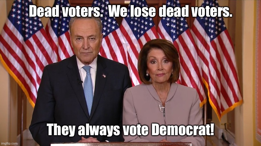 Chuck and Nancy | Dead voters.  We lose dead voters. They always vote Democrat! | image tagged in chuck and nancy | made w/ Imgflip meme maker