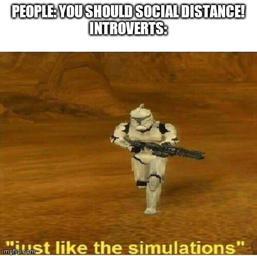 Just like the simulations | PEOPLE: YOU SHOULD SOCIAL DISTANCE!

INTROVERTS: | image tagged in just like the simulations | made w/ Imgflip meme maker