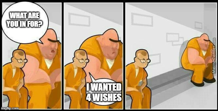 Prisoners blank | WHAT ARE YOU IN FOR? I WANTED 4 WISHES | image tagged in prisoners blank | made w/ Imgflip meme maker