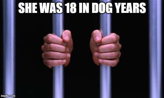 Prison Bars | SHE WAS 18 IN DOG YEARS | image tagged in prison bars | made w/ Imgflip meme maker