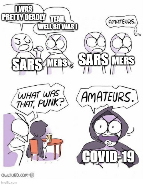Amateurs | I WAS PRETTY DEADLY; YEAH, WELL SO WAS I; SARS; MERS; SARS; MERS; COVID-19 | image tagged in amateurs | made w/ Imgflip meme maker