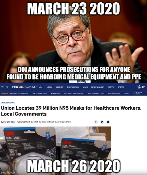 Didn't the media just throw Trump under the bus for suggesting that people were stealing equipment? | MARCH 23 2020; DOJ ANNOUNCES PROSECUTIONS FOR ANYONE FOUND TO BE HOARDING MEDICAL EQUIPMENT AND PPE; MARCH 26 2020 | image tagged in william barr,coronavirus | made w/ Imgflip meme maker