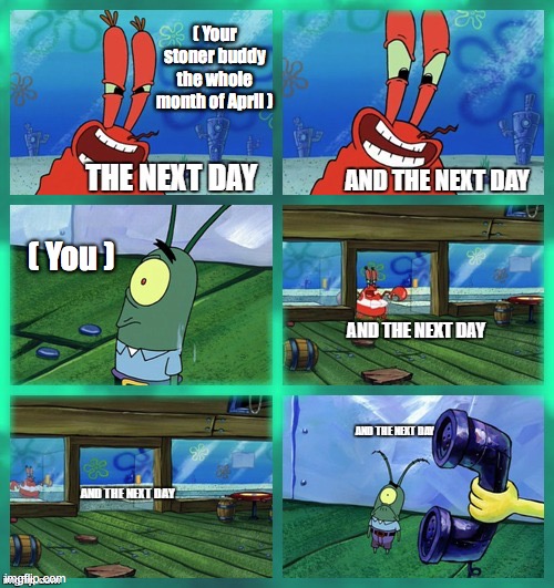 ( Your stoner buddy the whole month of April ); ( You ) | image tagged in 420,spongebob,mr krabs | made w/ Imgflip meme maker