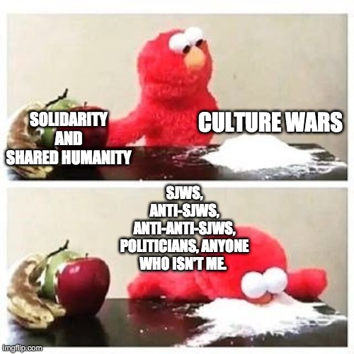 elmo cocaine | SOLIDARITY AND SHARED HUMANITY; CULTURE WARS; SJWS, ANTI-SJWS, ANTI-ANTI-SJWS, POLITICIANS, ANYONE WHO ISN'T ME. | image tagged in elmo cocaine | made w/ Imgflip meme maker