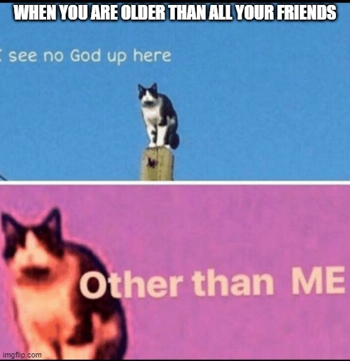 I see no god up here other than me | WHEN YOU ARE OLDER THAN ALL YOUR FRIENDS | image tagged in i see no god up here other than me | made w/ Imgflip meme maker