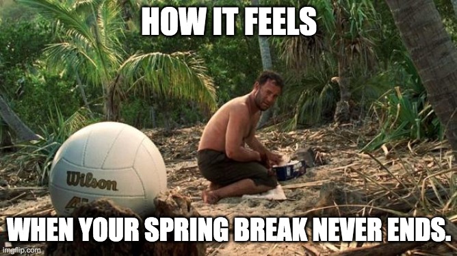 Lonely feeling | HOW IT FEELS; WHEN YOUR SPRING BREAK NEVER ENDS. | image tagged in lonely feeling | made w/ Imgflip meme maker