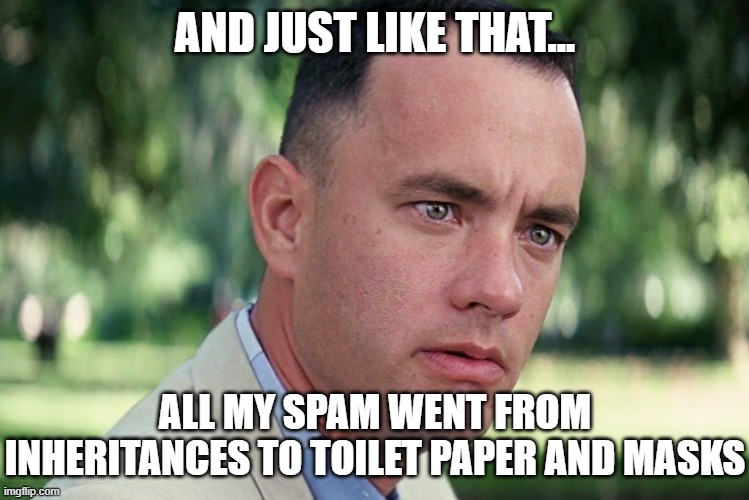 And Just Like That Meme | AND JUST LIKE THAT... ALL MY SPAM WENT FROM INHERITANCES TO TOILET PAPER AND MASKS | image tagged in memes,and just like that | made w/ Imgflip meme maker