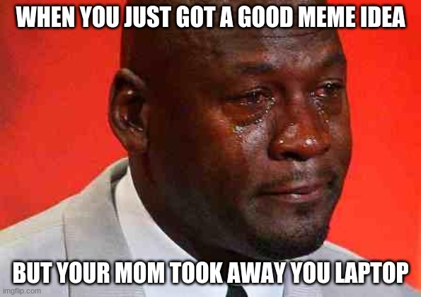 crying michael jordan | WHEN YOU JUST GOT A GOOD MEME IDEA; BUT YOUR MOM TOOK AWAY YOU LAPTOP | image tagged in crying michael jordan | made w/ Imgflip meme maker