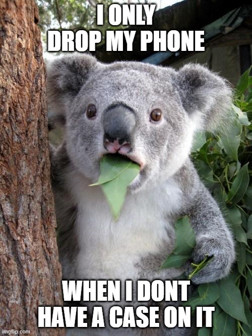 Surprised Koala Meme | I ONLY DROP MY PHONE; WHEN I DONT HAVE A CASE ON IT | image tagged in memes,surprised koala | made w/ Imgflip meme maker