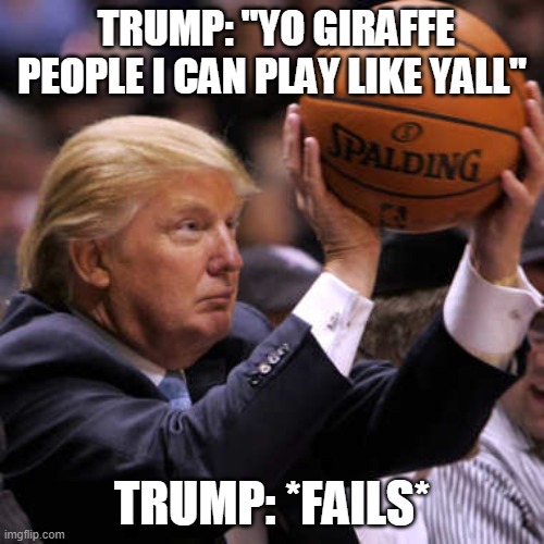 Trump Basketball | TRUMP: "YO GIRAFFE PEOPLE I CAN PLAY LIKE YALL"; TRUMP: *FAILS* | image tagged in trump basketball | made w/ Imgflip meme maker