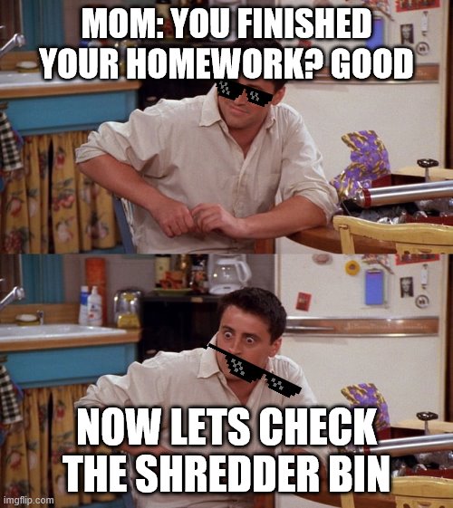Joey meme | MOM: YOU FINISHED YOUR HOMEWORK? GOOD; NOW LETS CHECK THE SHREDDER BIN | image tagged in joey meme | made w/ Imgflip meme maker