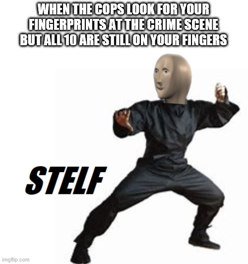 Sneak 100 | WHEN THE COPS LOOK FOR YOUR FINGERPRINTS AT THE CRIME SCENE BUT ALL 10 ARE STILL ON YOUR FINGERS | image tagged in meme man,crime,stealth,meme | made w/ Imgflip meme maker
