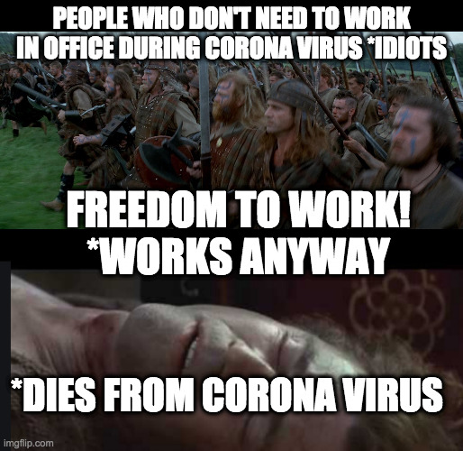 Corona Virus Stupidity | PEOPLE WHO DON'T NEED TO WORK IN OFFICE DURING CORONA VIRUS *IDIOTS; FREEDOM TO WORK!
*WORKS ANYWAY; *DIES FROM CORONA VIRUS | image tagged in coronavirus,working,funny memes | made w/ Imgflip meme maker