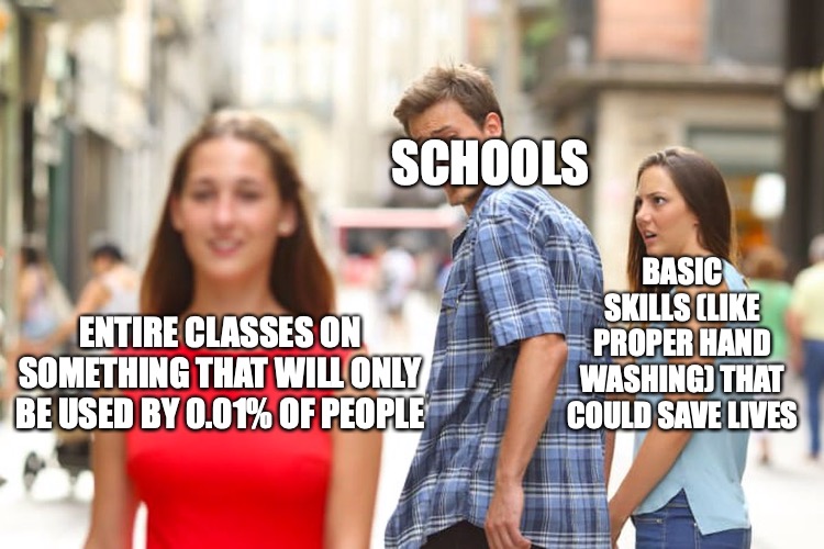 Priorities | SCHOOLS; BASIC SKILLS (LIKE PROPER HAND WASHING) THAT COULD SAVE LIVES; ENTIRE CLASSES ON SOMETHING THAT WILL ONLY BE USED BY 0.01% OF PEOPLE | image tagged in memes,distracted boyfriend,schools,coronavirus,funny memes | made w/ Imgflip meme maker