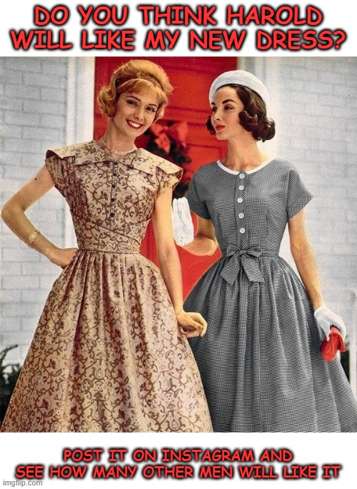 DO YOU THINK HAROLD WILL LIKE MY NEW DRESS? POST IT ON INSTAGRAM AND SEE HOW MANY OTHER MEN WILL LIKE IT | image tagged in 1950's,1950's women,retro,classic,instagram | made w/ Imgflip meme maker