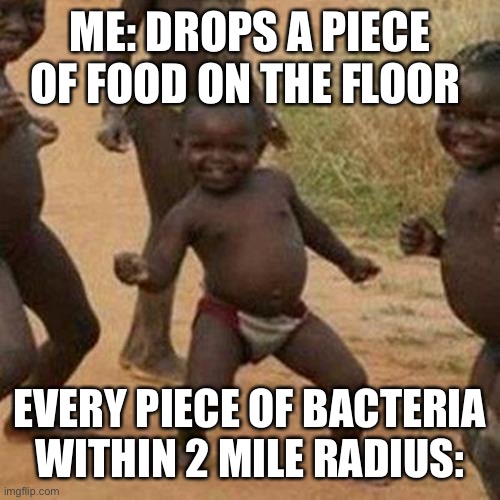 Third World Success Kid | ME: DROPS A PIECE OF FOOD ON THE FLOOR; EVERY PIECE OF BACTERIA WITHIN 2 MILE RADIUS: | image tagged in memes,third world success kid | made w/ Imgflip meme maker