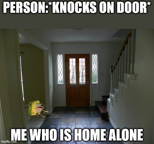 Spongegar | PERSON:*KNOCKS ON DOOR*; ME WHO IS HOME ALONE | image tagged in spongegar | made w/ Imgflip meme maker
