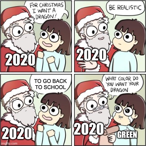 Can I go back to school now? | 2020; 2020; TO GO BACK TO SCHOOL; 2020; 2020; GREEN | image tagged in for christmas i want a dragon | made w/ Imgflip meme maker