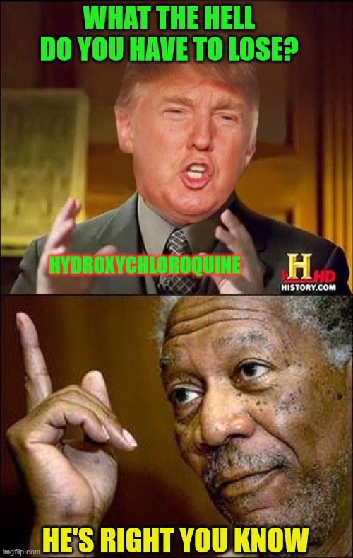 Ancient Aliens say Donald Trump is Right You Know | WHAT THE HELL DO YOU HAVE TO LOSE? HYDROXYCHLOROQUINE; HE'S RIGHT YOU KNOW | image tagged in he's right you know,ancient aliens donald trump,memes,coronavirus,what the hell,morgan freeman | made w/ Imgflip meme maker