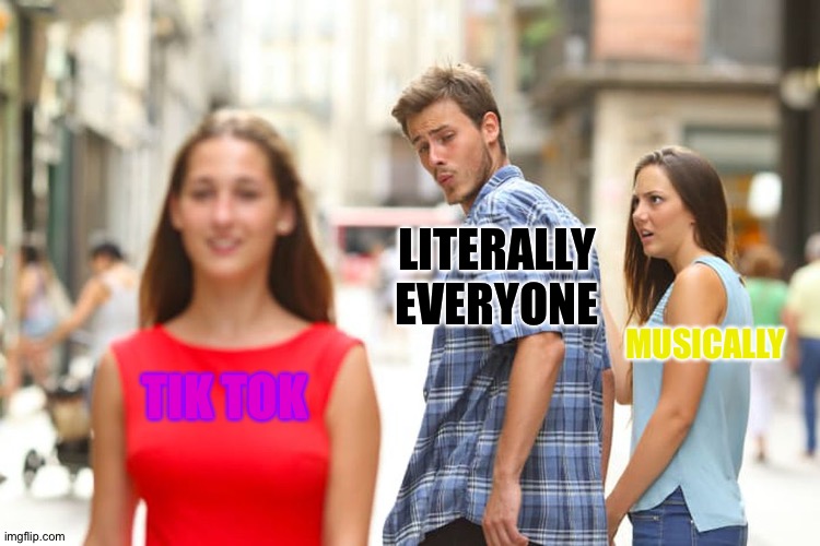 Distracted Boyfriend Meme | LITERALLY EVERYONE; MUSICALLY; TIK TOK | image tagged in memes,distracted boyfriend | made w/ Imgflip meme maker
