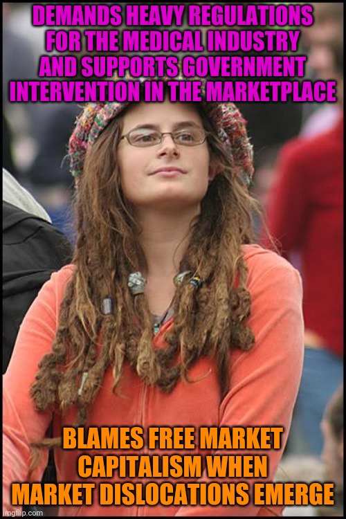 College Liberal | DEMANDS HEAVY REGULATIONS FOR THE MEDICAL INDUSTRY AND SUPPORTS GOVERNMENT INTERVENTION IN THE MARKETPLACE; BLAMES FREE MARKET CAPITALISM WHEN MARKET DISLOCATIONS EMERGE | image tagged in memes,college liberal,politics,covid-19,liberal logic | made w/ Imgflip meme maker