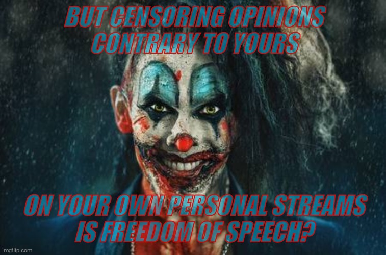 w | BUT CENSORING OPINIONS   CONTRARY TO YOURS ON YOUR OWN PERSONAL STREAMS     IS FREEDOM OF SPEECH? | made w/ Imgflip meme maker