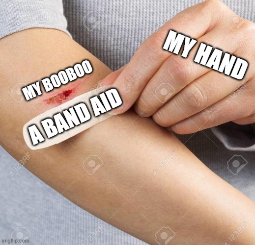 Perfect Description | MY HAND; MY BOOBOO; A BAND AID | image tagged in healing bandaid,this is so dumb,my friend and i did this,lol | made w/ Imgflip meme maker