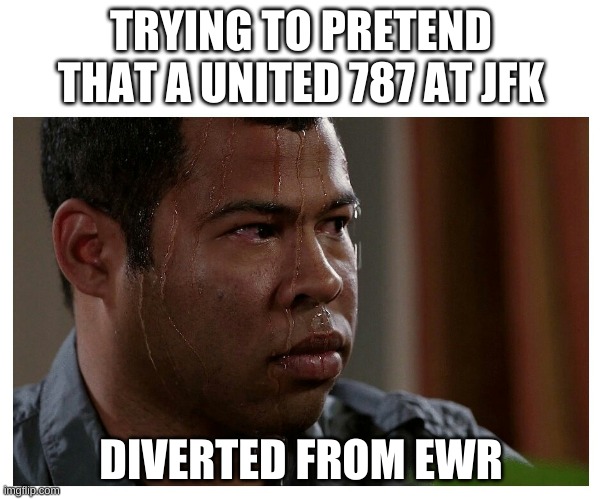 Jordan Peele Sweating | TRYING TO PRETEND THAT A UNITED 787 AT JFK; DIVERTED FROM EWR | image tagged in jordan peele sweating | made w/ Imgflip meme maker