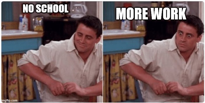Joey from Friends | NO SCHOOL; MORE WORK | image tagged in joey from friends | made w/ Imgflip meme maker