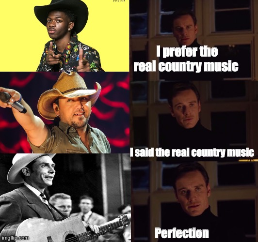 perfection | I prefer the real country music; I said the real country music; Perfection | image tagged in perfection | made w/ Imgflip meme maker