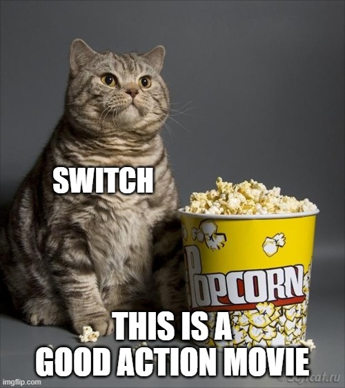 Cat eating popcorn | SWITCH THIS IS A GOOD ACTION MOVIE | image tagged in cat eating popcorn | made w/ Imgflip meme maker