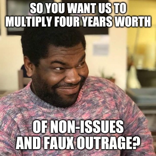 Sooo you like... | SO YOU WANT US TO MULTIPLY FOUR YEARS WORTH OF NON-ISSUES AND FAUX OUTRAGE? | image tagged in sooo you like | made w/ Imgflip meme maker