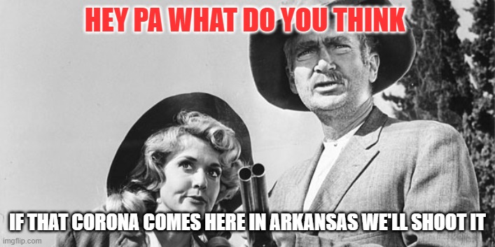 Beverly Hillbillies | HEY PA WHAT DO YOU THINK; IF THAT CORONA COMES HERE IN ARKANSAS WE'LL SHOOT IT | image tagged in beverly hillbillies | made w/ Imgflip meme maker