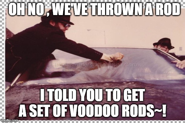 OH NO , WE'VE THROWN A ROD; I TOLD YOU TO GET A SET OF VOODOO RODS~! | made w/ Imgflip meme maker