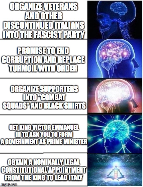 Expanding Brain 5 Panel | ORGANIZE VETERANS AND OTHER DISCONTINUED ITALIANS INTO THE FASCIST PARTY; PROMISE TO END CORRUPTION AND REPLACE TURMOIL WITH ORDER; ORGANIZE SUPPORTERS INTO "COMBAT SQUADS" AND BLACK SHIRTS; GET KING VICTOR EMMANUEL III TO ASK YOU TO FORM A GOVERNMENT AS PRIME MINISTER; OBTAIN A NOMINALLY LEGAL CONSTITUTIONAL APPOINTMENT FROM THE KING TO LEAD ITALY | image tagged in expanding brain 5 panel | made w/ Imgflip meme maker