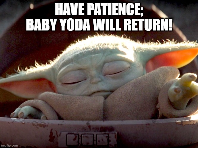 Baby Yoda uses the force | HAVE PATIENCE; BABY YODA WILL RETURN! | image tagged in baby yoda uses the force | made w/ Imgflip meme maker