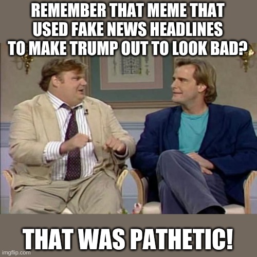 That was awesome | REMEMBER THAT MEME THAT USED FAKE NEWS HEADLINES TO MAKE TRUMP OUT TO LOOK BAD? THAT WAS PATHETIC! | image tagged in that was awesome | made w/ Imgflip meme maker