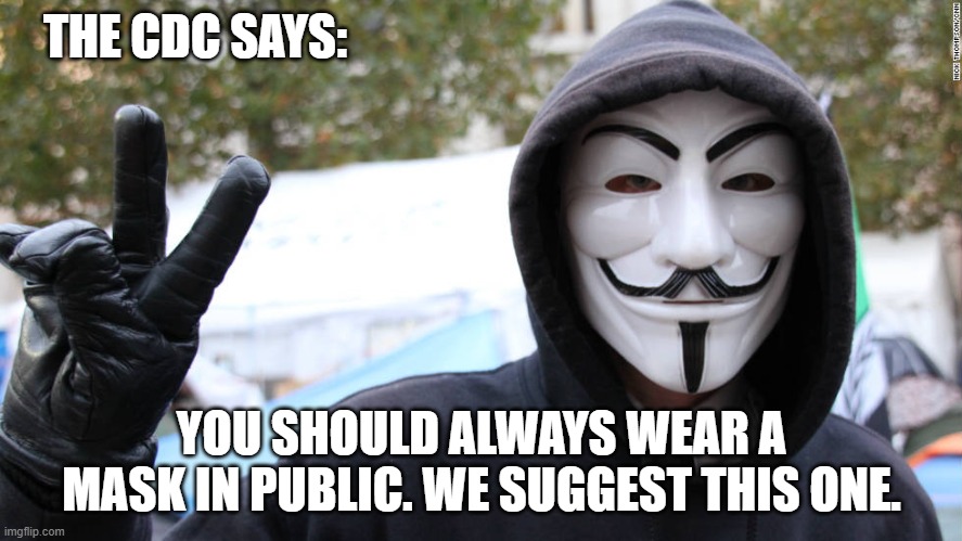 Guy Fawkes Mask | THE CDC SAYS:; YOU SHOULD ALWAYS WEAR A MASK IN PUBLIC. WE SUGGEST THIS ONE. | image tagged in guy fawkes mask | made w/ Imgflip meme maker