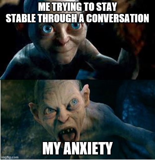 Gollum | ME TRYING TO STAY STABLE THROUGH A CONVERSATION; MY ANXIETY | image tagged in gollum | made w/ Imgflip meme maker