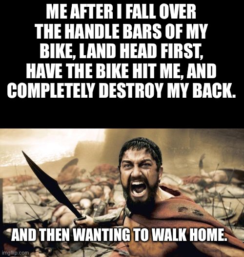 This shit just happened | ME AFTER I FALL OVER THE HANDLE BARS OF MY BIKE, LAND HEAD FIRST, HAVE THE BIKE HIT ME, AND COMPLETELY DESTROY MY BACK. AND THEN WANTING TO WALK HOME. | image tagged in memes,sparta leonidas | made w/ Imgflip meme maker