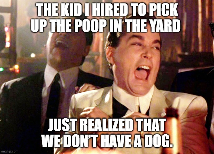 Good Fellas Hilarious Meme | THE KID I HIRED TO PICK UP THE POOP IN THE YARD; JUST REALIZED THAT WE DON’T HAVE A DOG. | image tagged in memes,good fellas hilarious | made w/ Imgflip meme maker