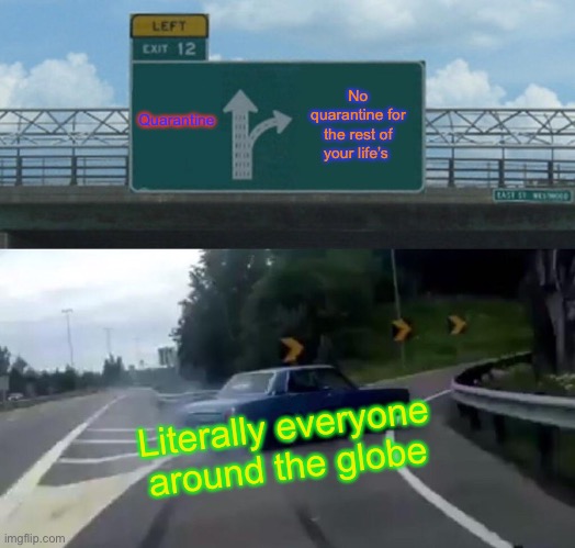 Left Exit 12 Off Ramp | Quarantine; No quarantine for the rest of your life’s; Literally everyone around the globe | image tagged in memes,left exit 12 off ramp | made w/ Imgflip meme maker