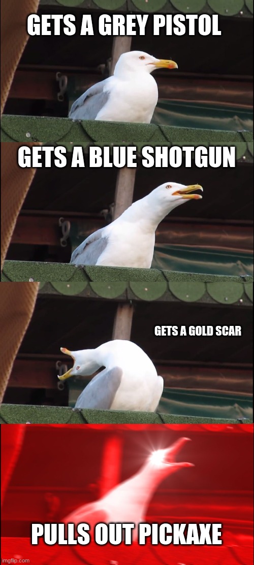 Inhaling Seagull Meme | GETS A GREY PISTOL; GETS A BLUE SHOTGUN; GETS A GOLD SCAR; PULLS OUT PICKAXE | image tagged in memes,inhaling seagull | made w/ Imgflip meme maker