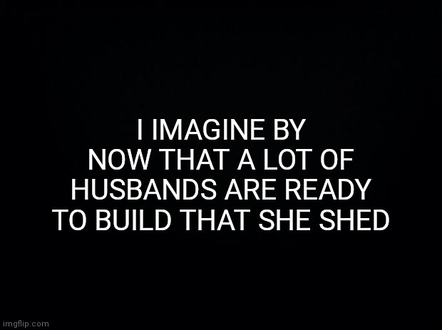 Black background | I IMAGINE BY NOW THAT A LOT OF HUSBANDS ARE READY TO BUILD THAT SHE SHED | image tagged in quarantine,covid-19 | made w/ Imgflip meme maker