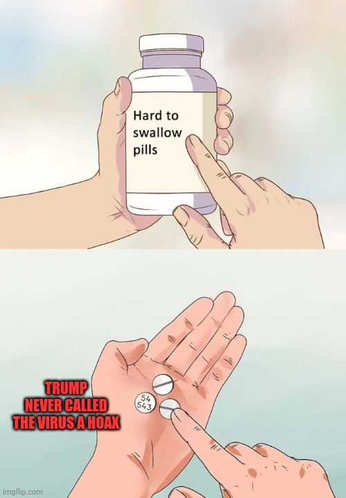 Hard To Swallow Pills Meme | TRUMP NEVER CALLED THE VIRUS A HOAX | image tagged in memes,hard to swallow pills | made w/ Imgflip meme maker