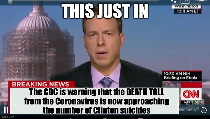 And Epstein didn’t kill himself | THIS JUST IN; The CDC is warning that the DEATH TOLL
from the Coronavirus is now approaching
the number of Clinton suicides | image tagged in cnn breaking news template,clinton,jeffrey epstein,ConservativeMemes | made w/ Imgflip meme maker